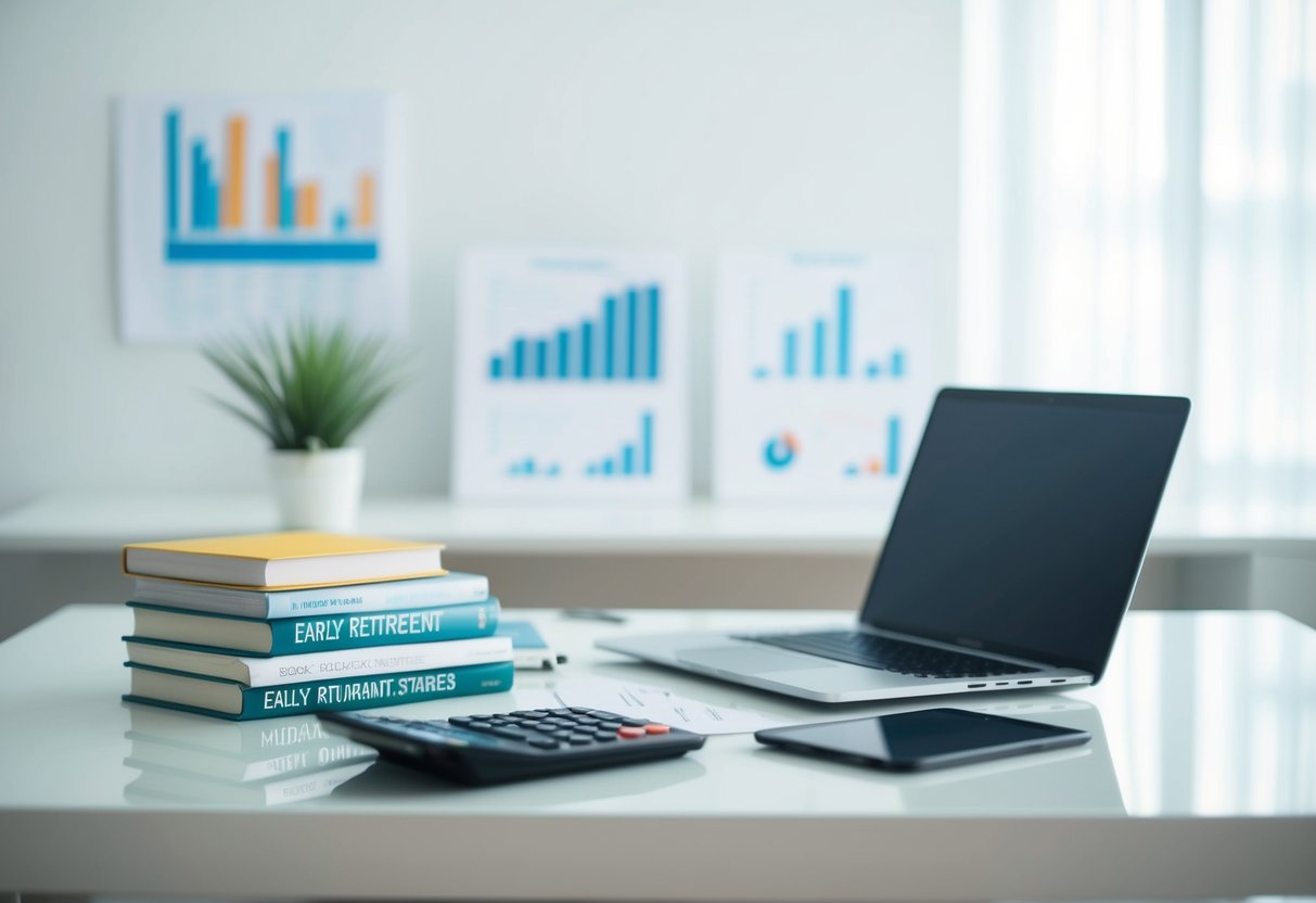 A serene, minimalist workspace with a laptop, calculator, and financial charts. A stack of books on early retirement and investment strategies sits on the desk