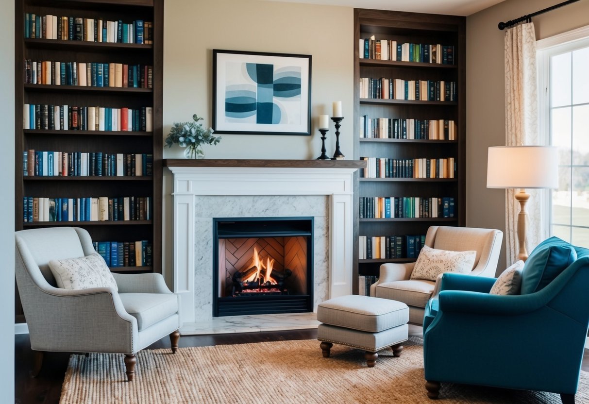 A cozy living room with a crackling fireplace, comfortable chairs, and a bookshelf filled with financial independence and early retirement books