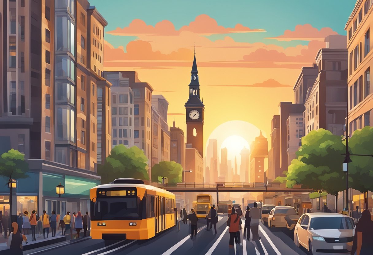 A city skyline with a prominent clock tower, surrounded by bustling streets and busy public transportation, with the sun setting in the background