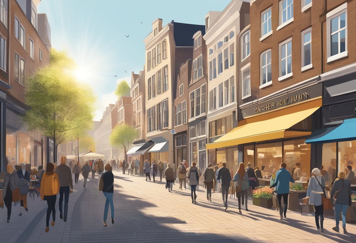 A bustling city street in Utrecht, with people walking past shops and cafes. The sun is shining, and there is a sense of energy and movement in the air