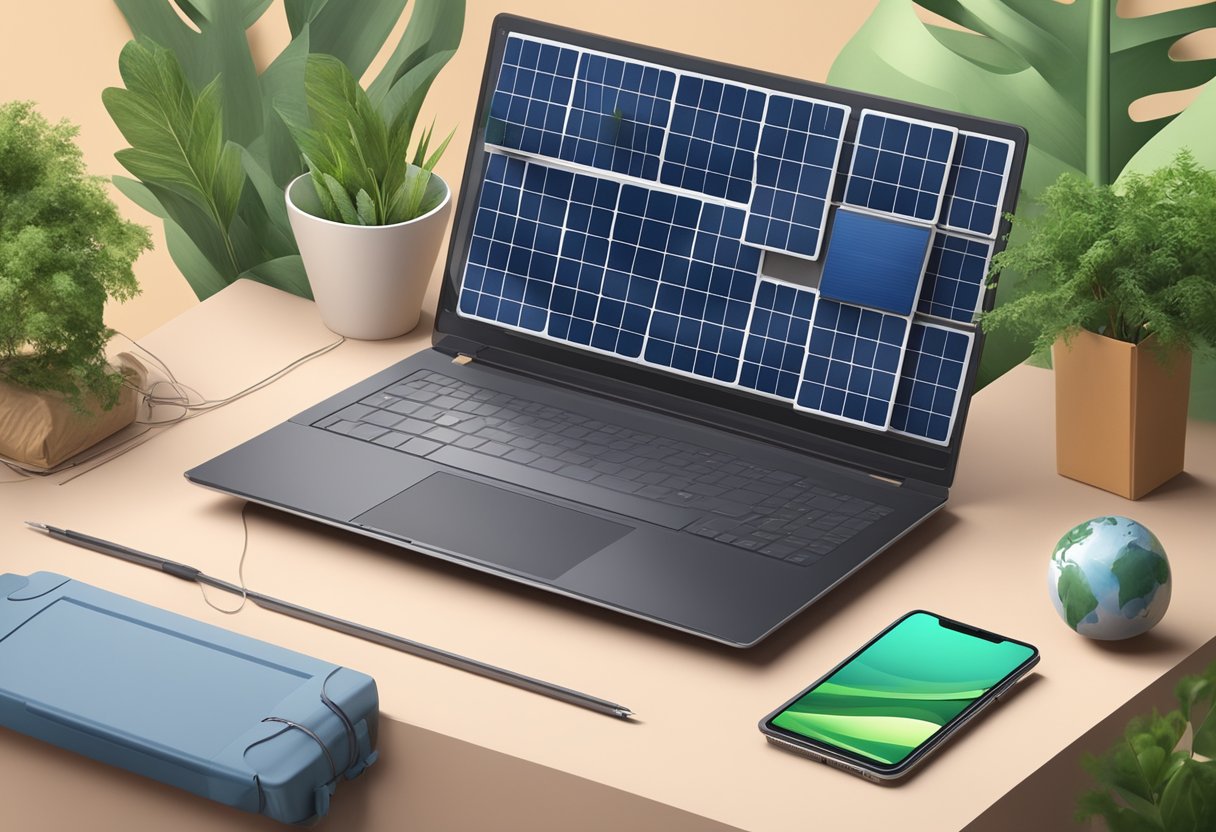 A laptop made from sustainable materials, surrounded by recyclable packaging and eco-friendly accessories. Solar panels and greenery in the background