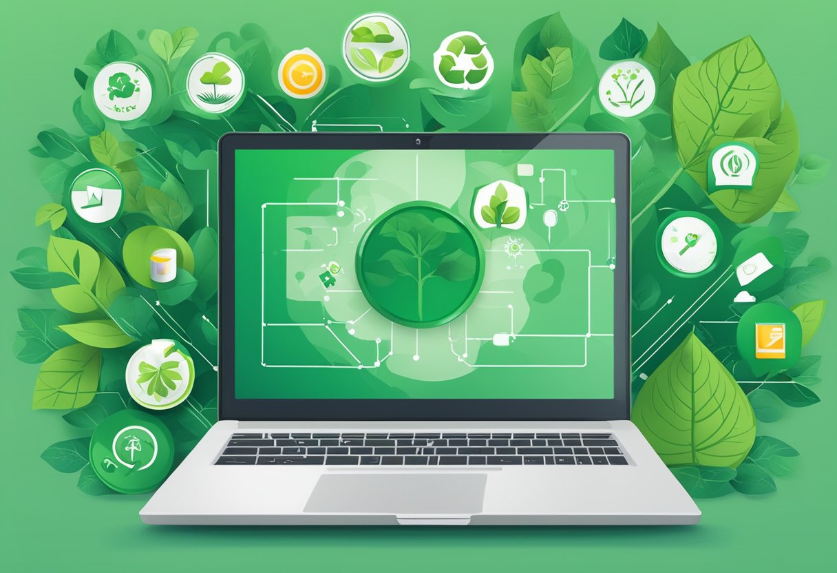 A laptop surrounded by eco-friendly symbols and certification logos, with a leafy green background to represent green computing