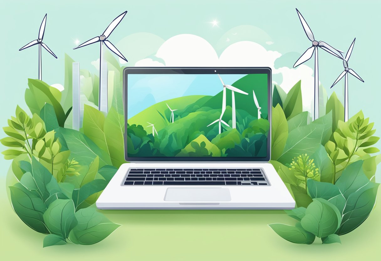 A laptop surrounded by greenery and renewable energy sources, with a clear focus on energy efficiency and eco-friendliness