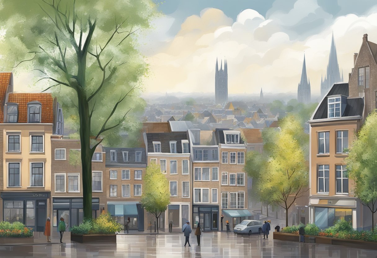 The scene depicts a cityscape of Utrecht under cloudy skies with scattered showers and a gentle breeze. The buildings and trees are slightly damp from the recent rain