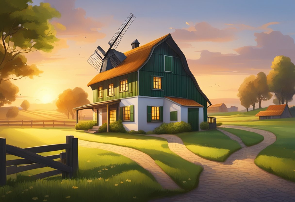 A small farmhouse surrounded by green fields, with a traditional Dutch windmill in the distance. The sun is setting, casting a warm glow over the peaceful countryside