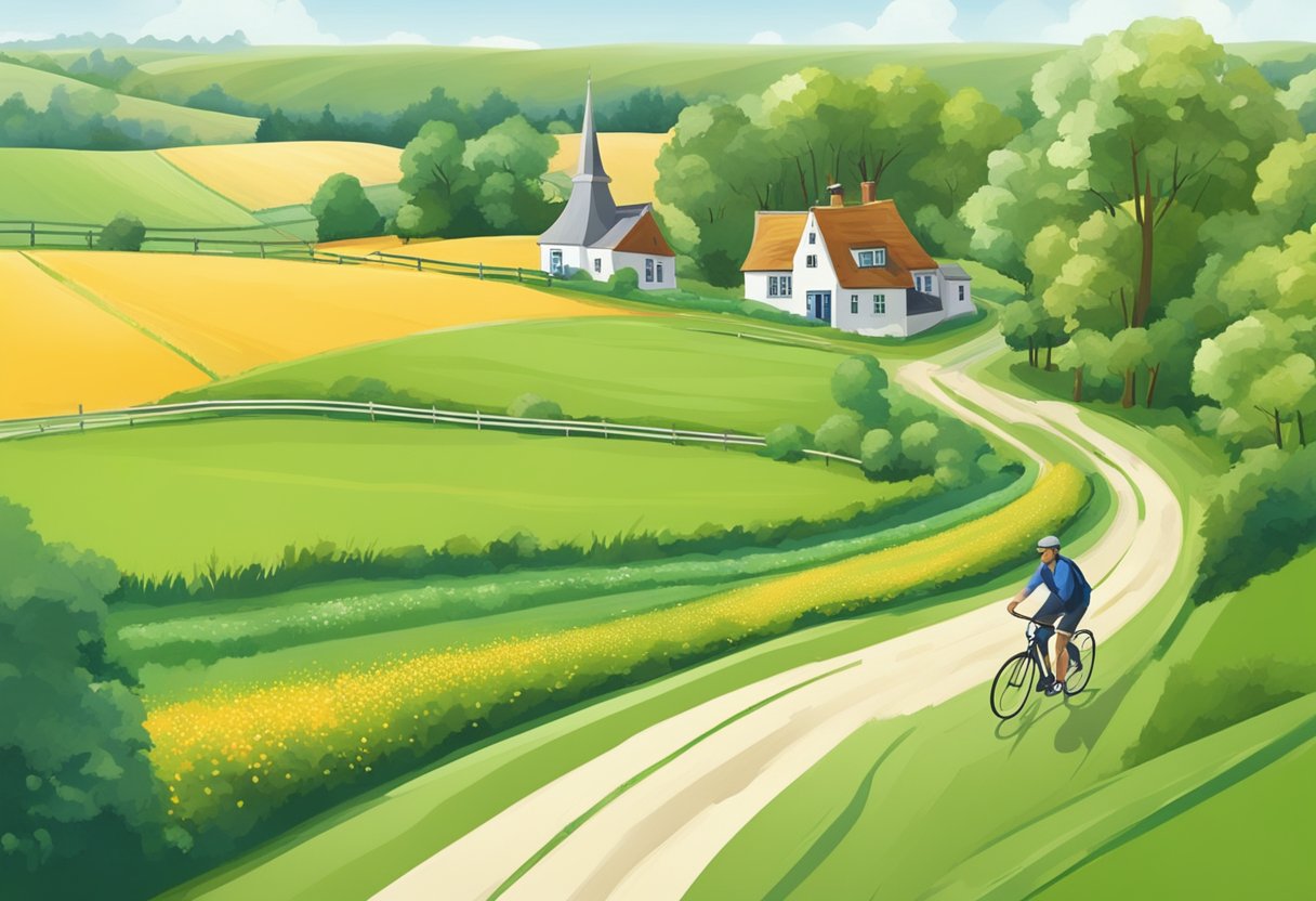 A winding bicycle path through Gelderland's countryside, passing by lush green fields and quaint Dutch farmhouses