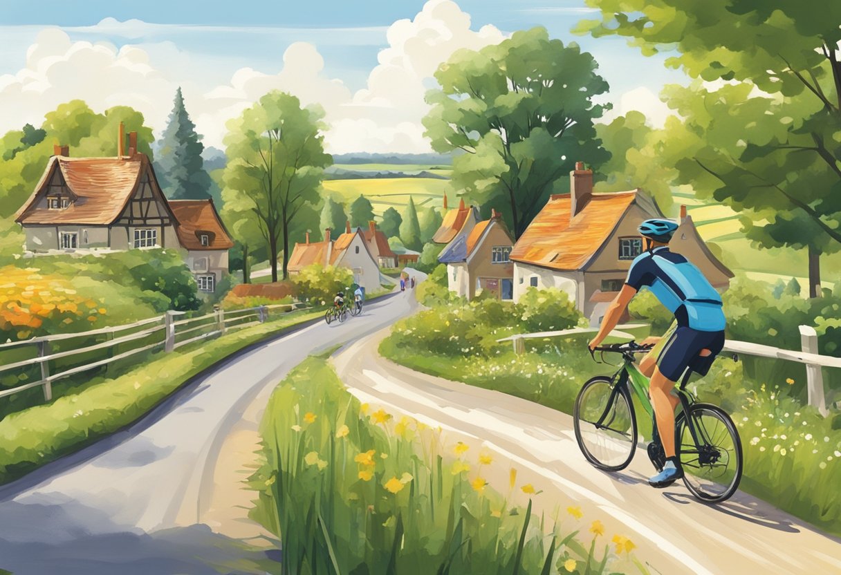 A scenic bike path winds through the Gelderland countryside, passing by charming villages and lush green fields. Cyclists stop at local eateries to enjoy delicious food and drinks