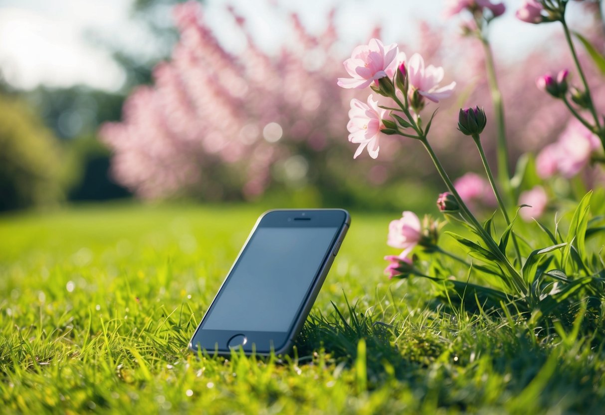 Eine ruhige Außenumgebung mit dem Smartphone einer Person, die verlassen auf einer Grasfläche liegt, umgeben von blühenden Blumen und einer ruhigen Atmosphäre