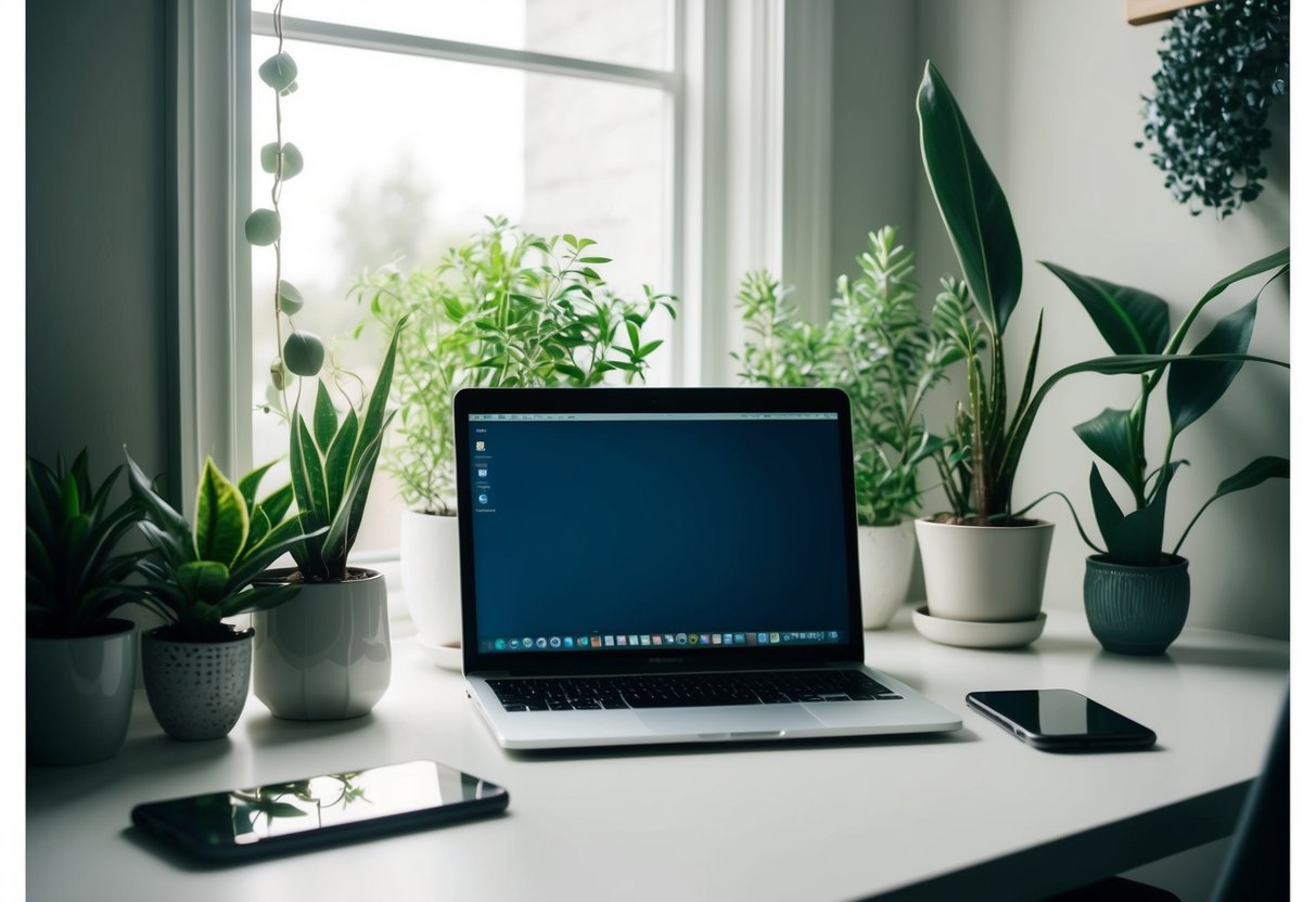 Ein ruhiger, aufgeräumter Arbeitsplatz mit geschlossenem Laptop, umgeben von Pflanzen und beruhigender Dekoration. Ein offenes Fenster lässt natürliches Licht herein und ein Telefon liegt unberührt auf dem Schreibtisch