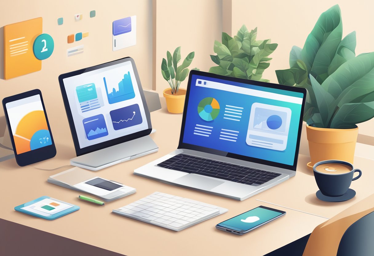 A minimalist workspace with a smartphone displaying various investment app icons, a sleek desk with a laptop, and a potted plant