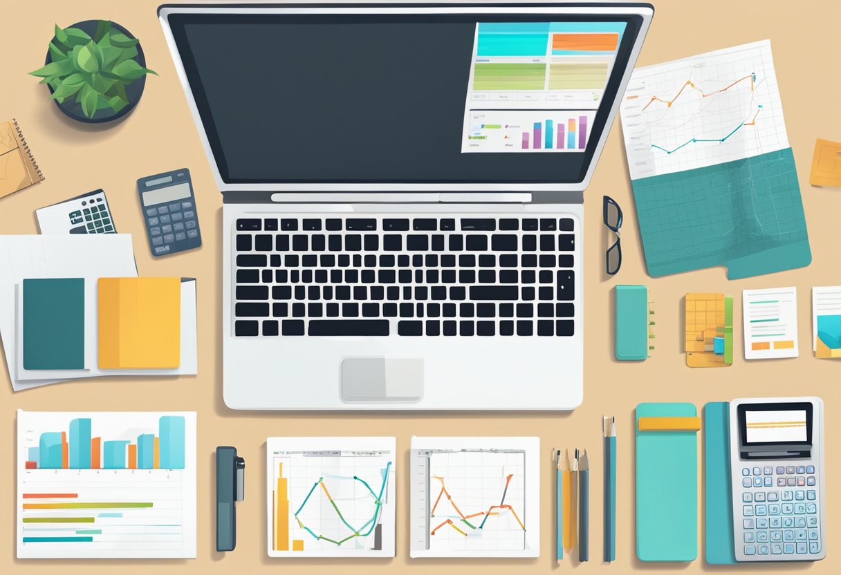 A desk with a laptop and calculator, surrounded by charts and graphs. A minimalist digital device and budgeting tools are neatly organized