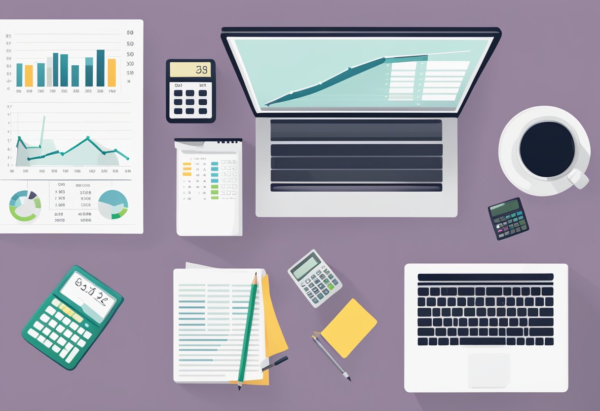 A minimalist desk with a laptop, calculator, and financial documents. A graph shows decreasing debt