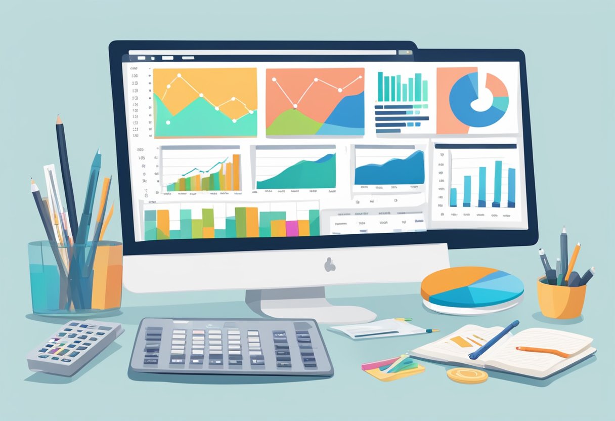 A desk with a computer displaying financial analysis tools. A minimalist workspace with a calculator, notebook, and graphs