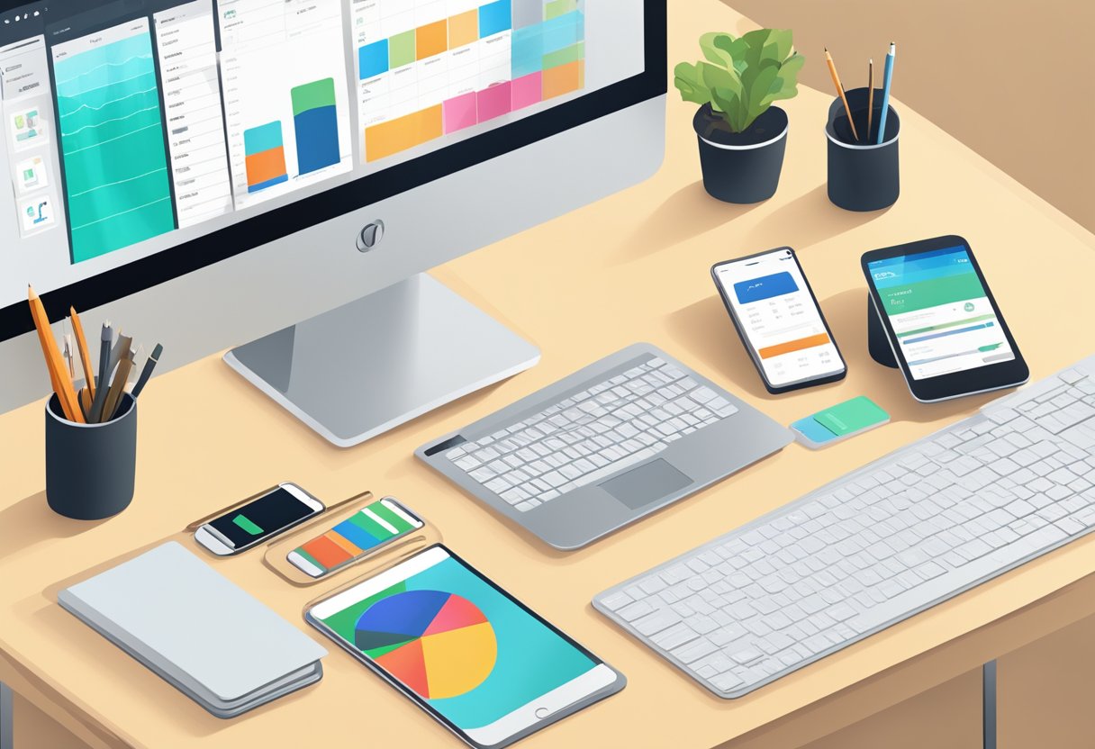 A clean, modern desk with a sleek laptop and smartphone displaying minimalist expense tracking apps. A simple, uncluttered workspace with a focus on organization and efficiency