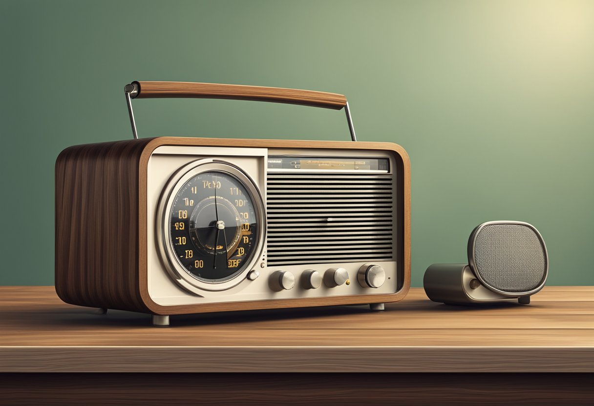 A vintage radio sits on a wooden table tuned to "Radio 10 Frequentie Gelderland," with the dial and buttons visible