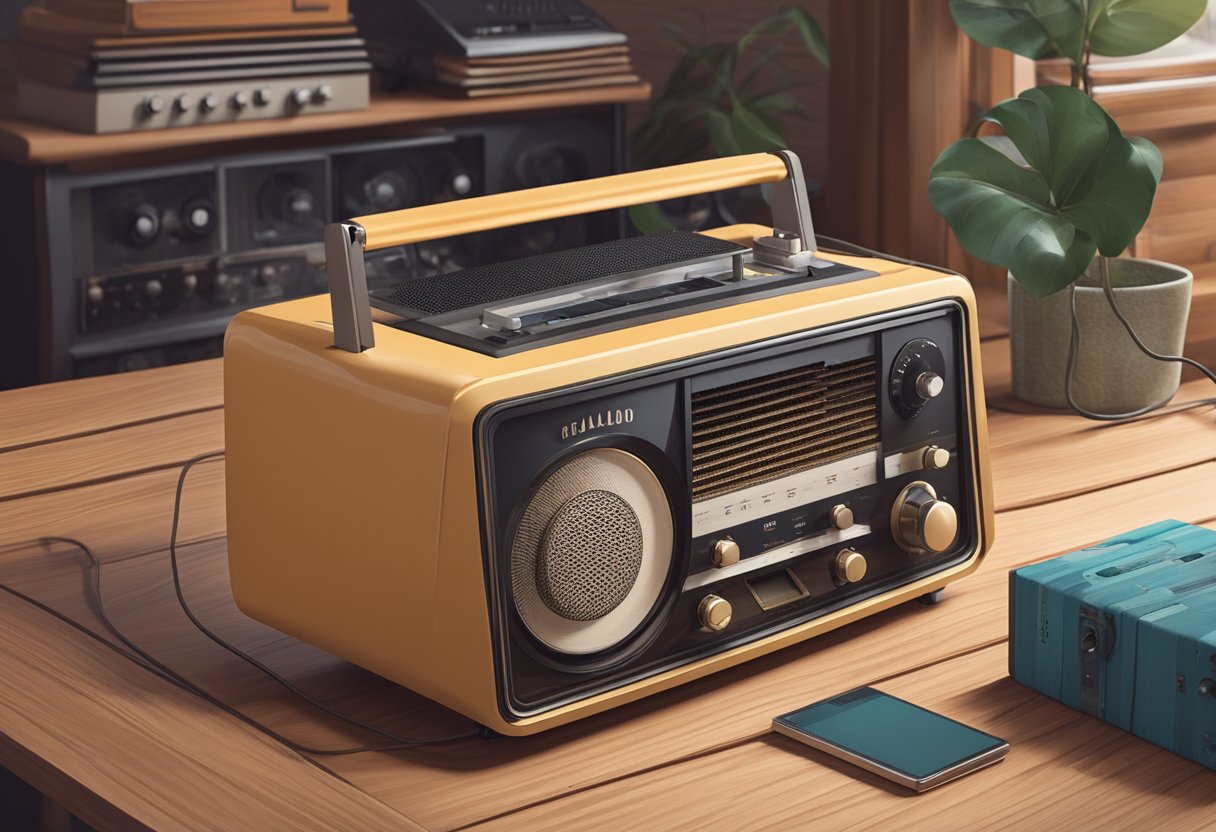 A vintage radio sits on a wooden table, surrounded by old vinyl records. The dial is set to Radio 10, with the frequency for Gelderland clearly displayed