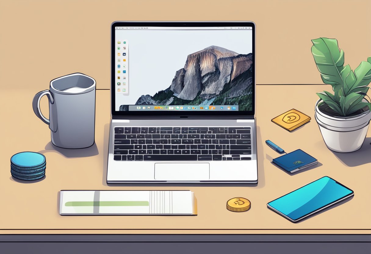 A minimalist desk with a laptop, notebook, and a sleek, modern cryptocurrency wallet. Clean, uncluttered space with a focus on simplicity and efficiency