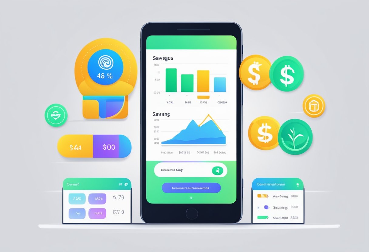 A smartphone with a savings and investment app interface displayed, with options for automatic transactions and investment tracking