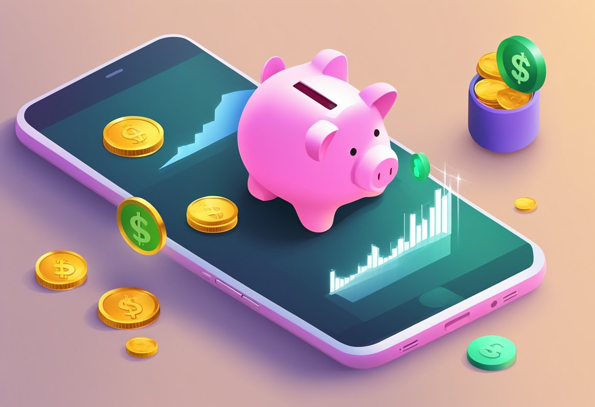 A smartphone with a savings app open, a graph showing investment growth, and a piggy bank overflowing with coins