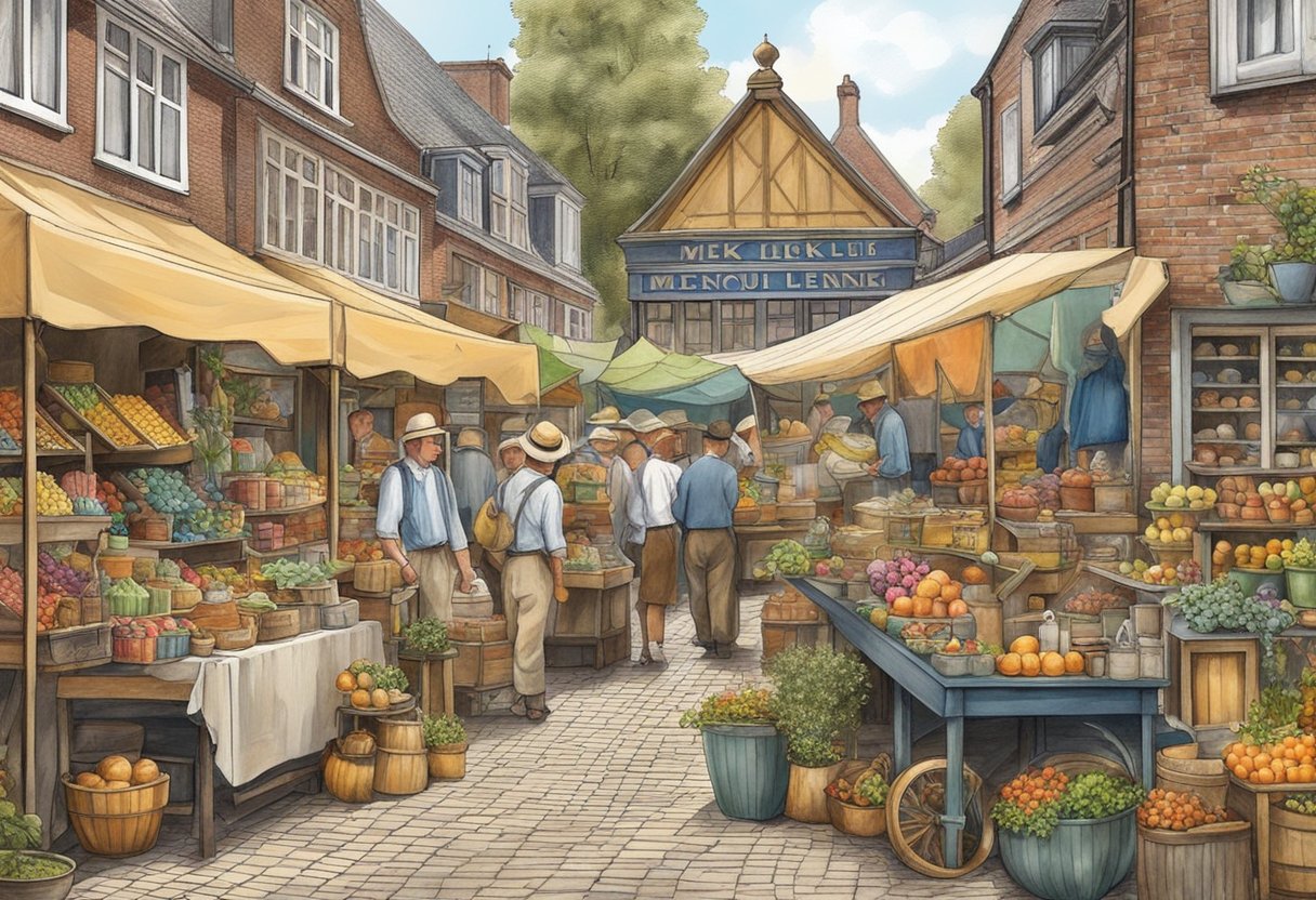 A colorful market in Gelderland, with various vintage items and antiques on display, showcasing the history and charm of "Meuk is Leuk."