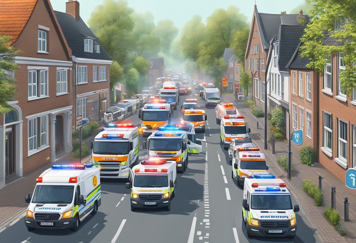 Emergency vehicles rushing through the streets of Gelderland Oost, sirens blaring and lights flashing as they respond to 112 calls