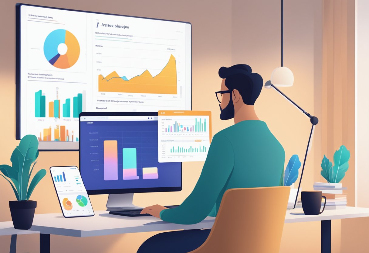 A minimalist investor sits at a clean, organized desk with a laptop open to a peer-to-peer lending platform. Charts and graphs show investment considerations