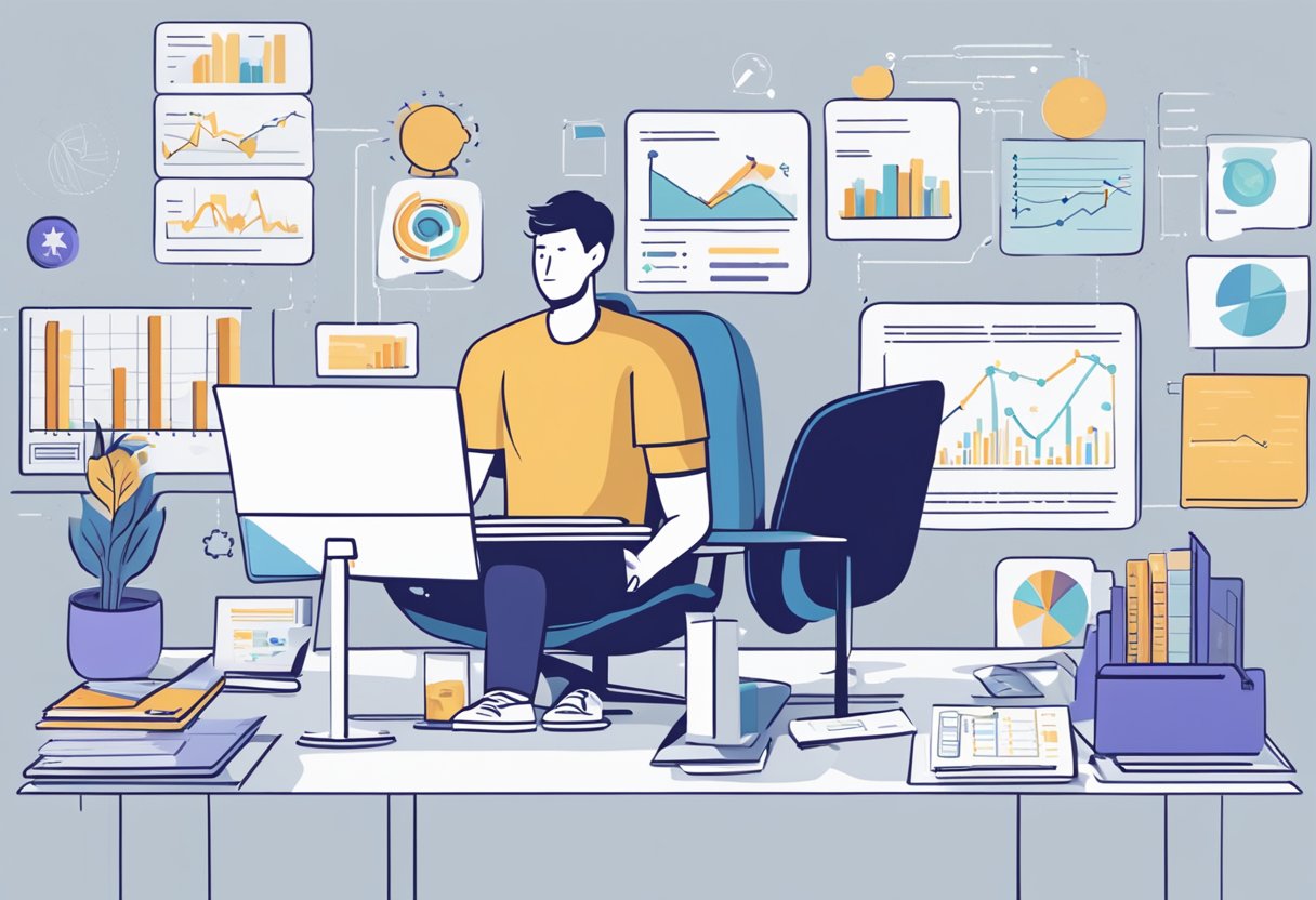 A minimalist investor sits at a desk, surrounded by charts and graphs. A laptop displays various peer-to-peer lending platforms. A fee structure and additional costs are highlighted