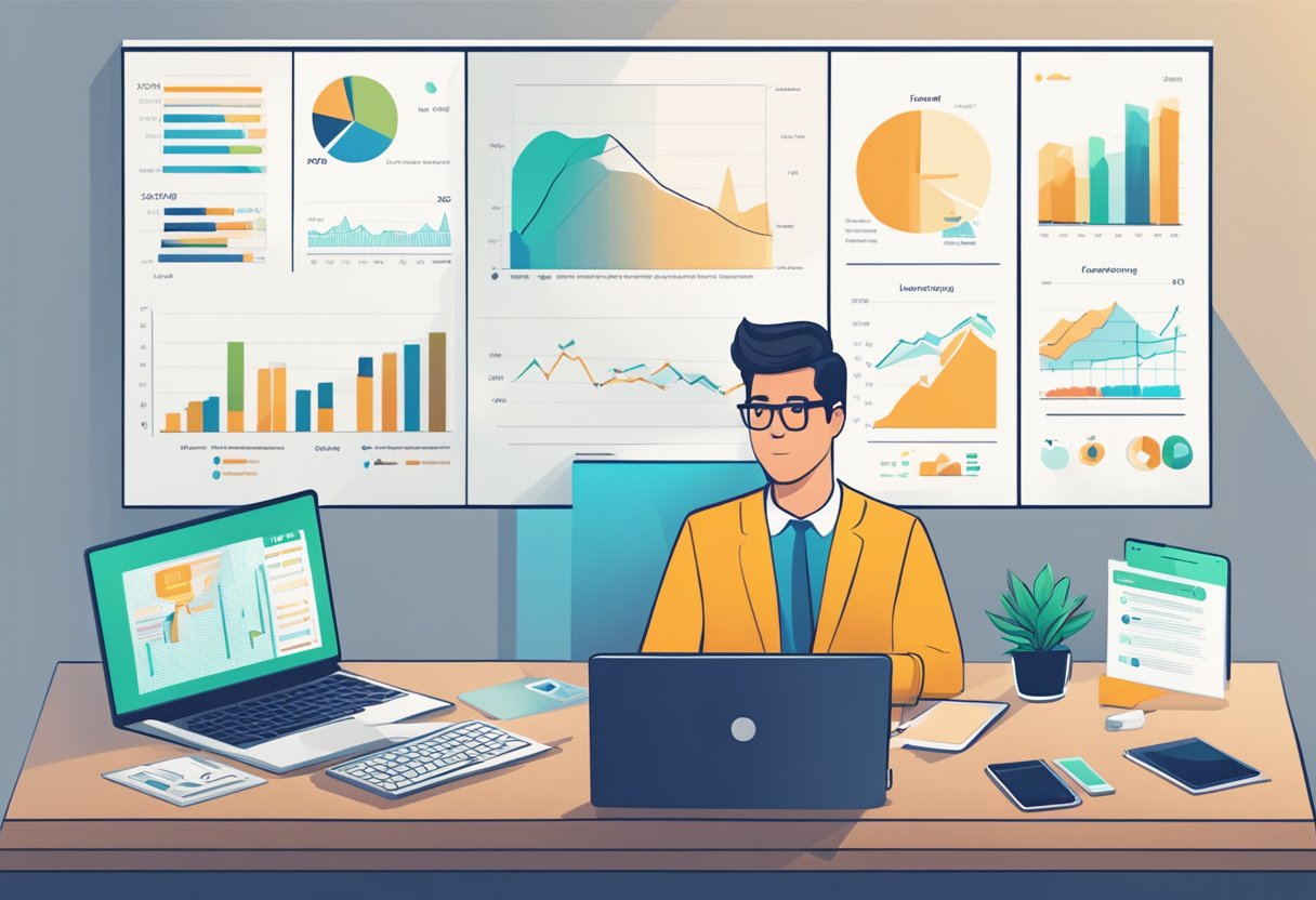 A minimalist investor sits at a sleek, modern desk with a laptop and smartphone, surrounded by graphs and charts depicting peer-to-peer lending platforms