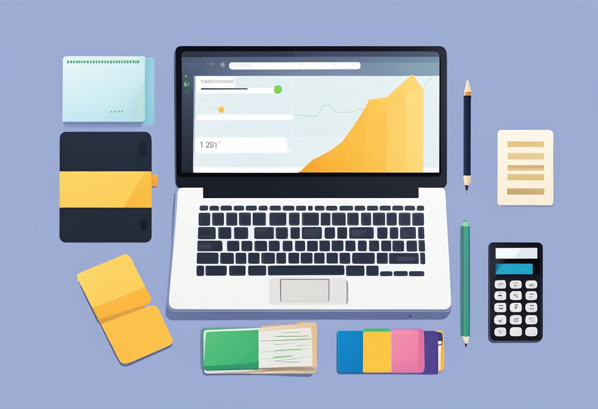 A desk with a laptop, calculator, and notebook. A graph showing financial progress. A minimalist wallet with a few essential cards