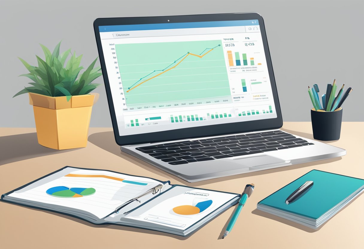 A clean, organized desk with a laptop, calculator, and notebook. A graph showing financial progress and a minimalist budgeting tool displayed on the screen