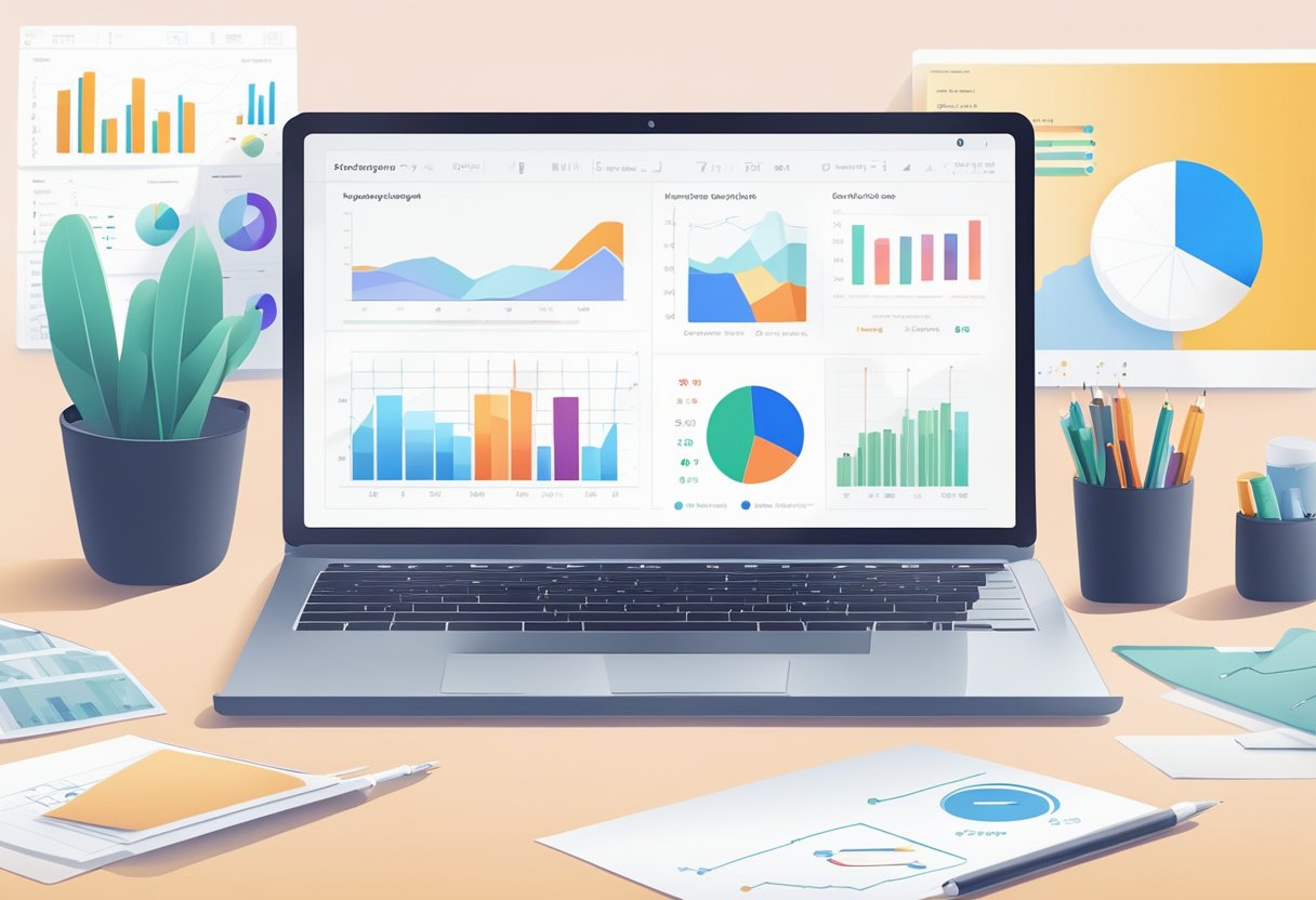 A clean, modern desk with a laptop and notebook. Graphs and charts display on the screen, while a minimalist budgeting app is open