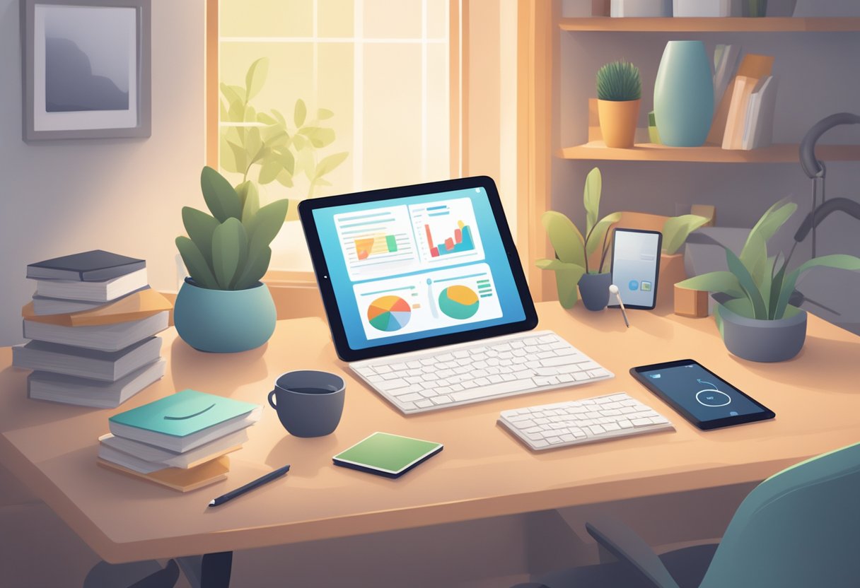 A serene, minimalist workspace with a digital tablet displaying retirement planning apps. A cozy atmosphere with warm lighting and a clutter-free desk