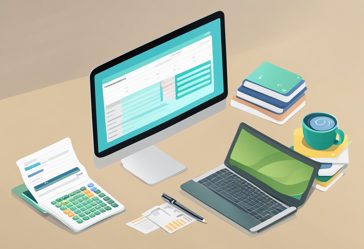 A clutter-free desk with a laptop displaying minimalist retirement planning apps. A stack of retirement account documents and a calculator sit nearby