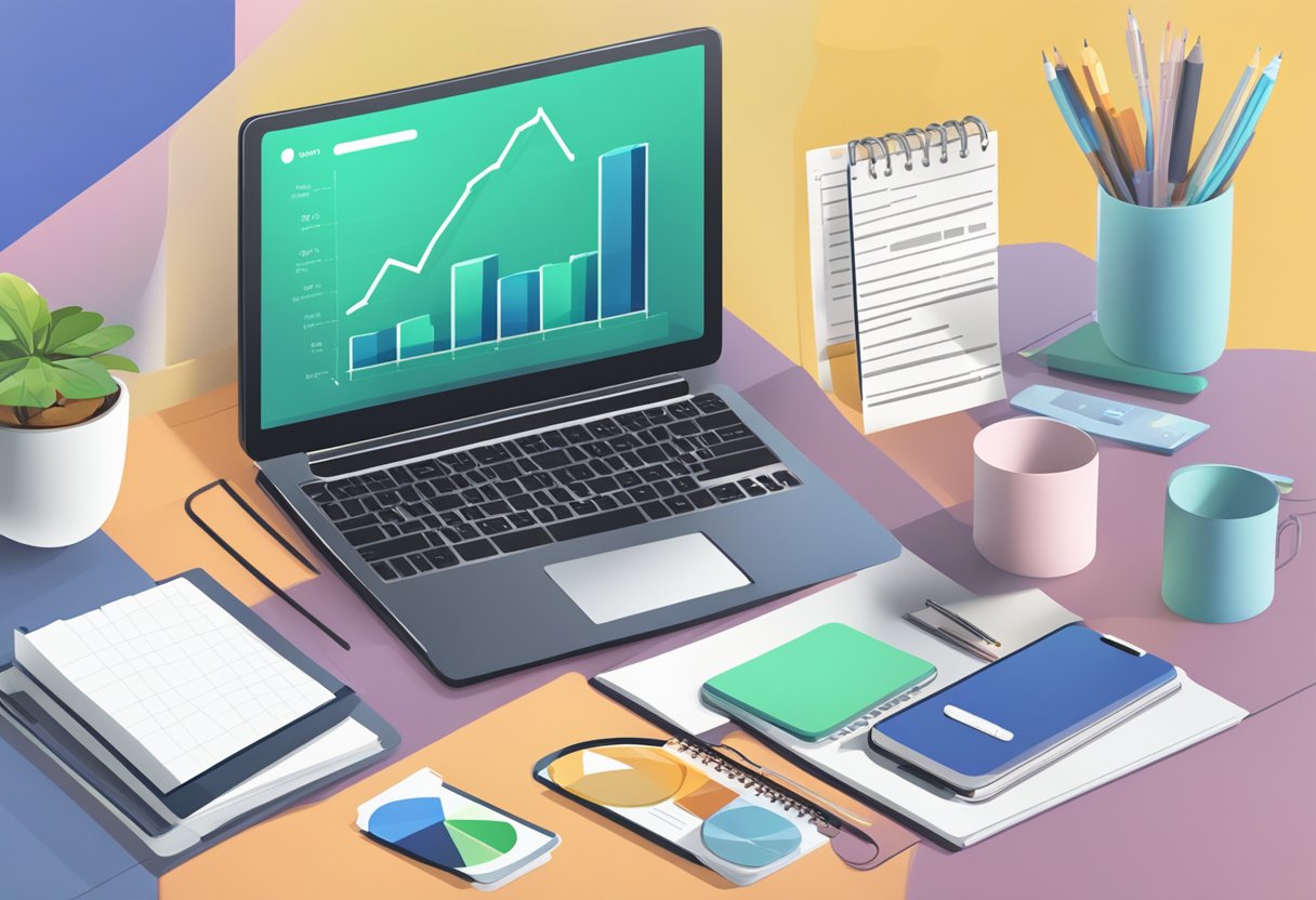 A simple, organized desk with a laptop, calculator, and notebook. A budgeting app and a jar for loose change sit nearby. A graph shows a steady increase in savings