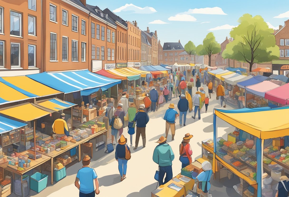 A bustling flea market in Gelderland this weekend. Various stalls and people browsing. Sunshine and colorful items on display