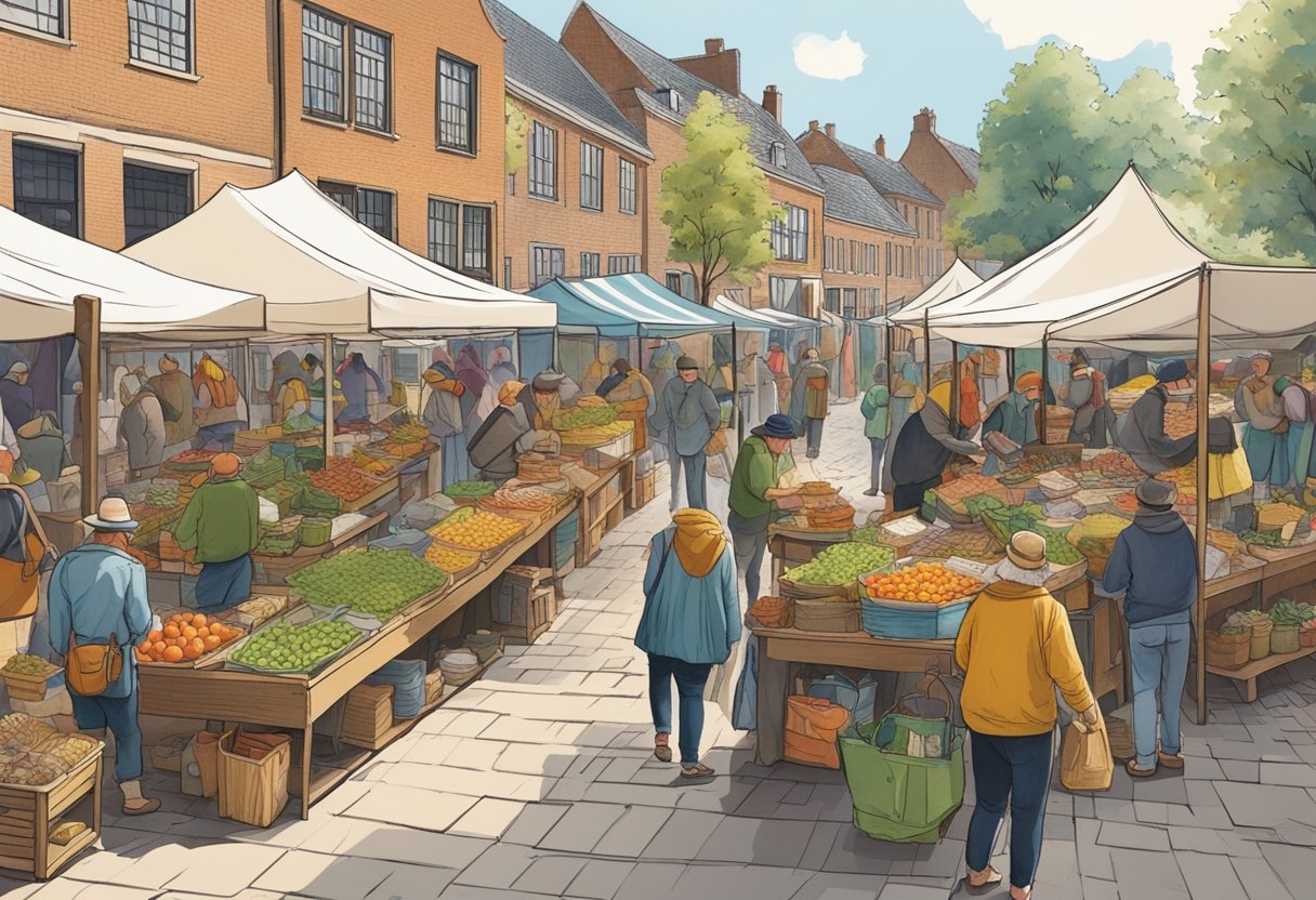 A bustling outdoor market in Gelderland, filled with colorful stalls and people browsing through various items. Tents and tables line the streets, with vendors selling antiques, clothing, and trinkets