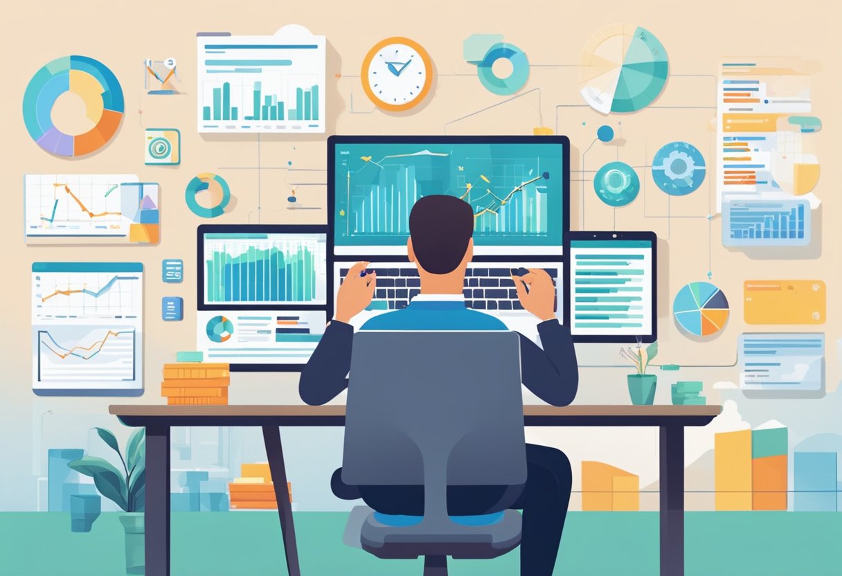 A person sitting at a desk with a laptop and smartphone, surrounded by charts and graphs. Various financial tools and apps are displayed on the screen, showing integration of technology with personal finance