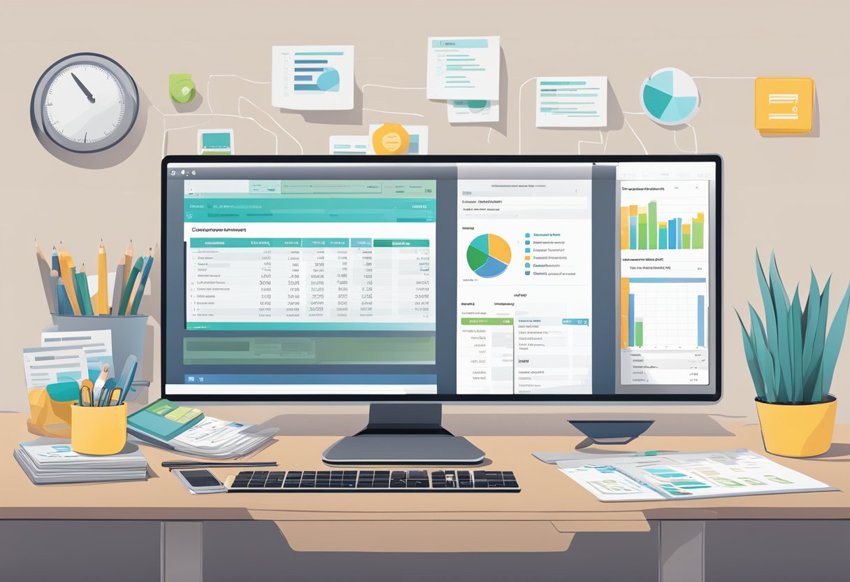 A desk with a laptop, calculator, and budgeting software open. A chart showing income and expenses is displayed on the screen