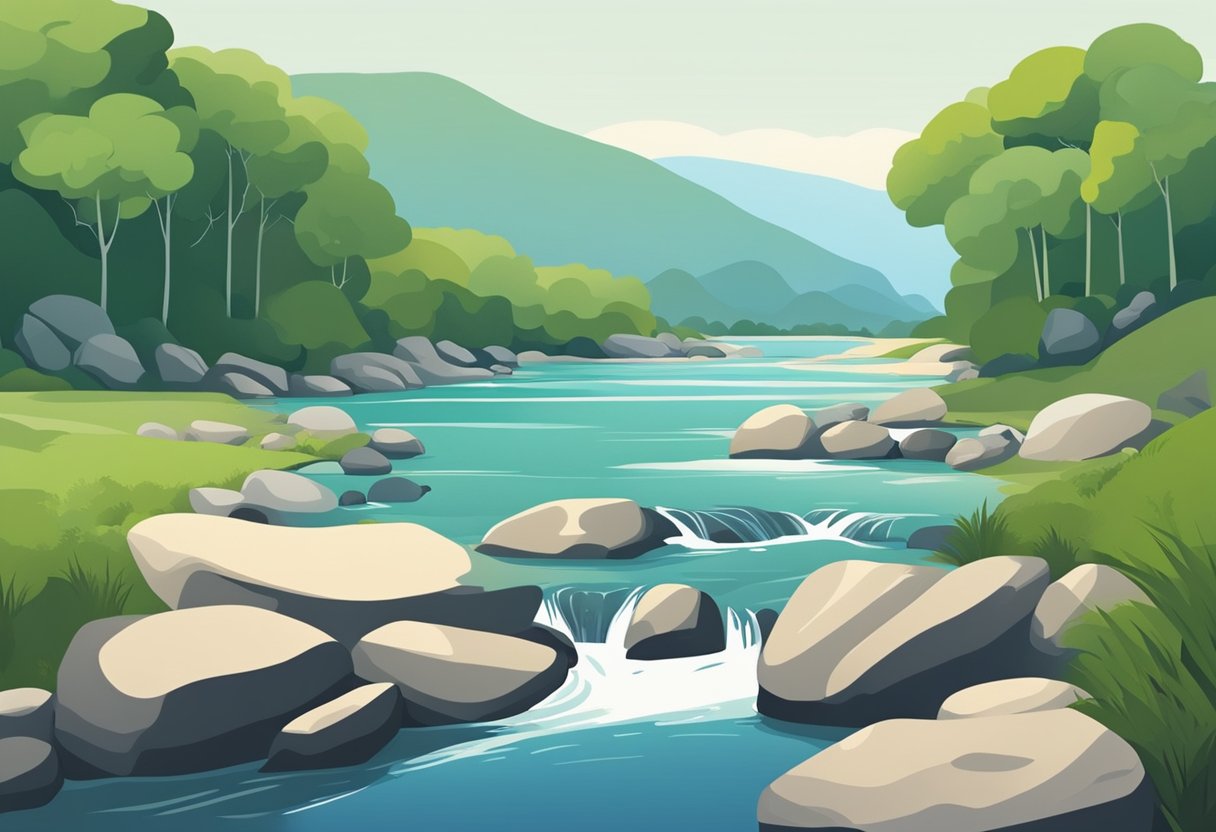 A serene landscape with a clear blue sky, lush green trees, and a flowing river. A minimalist portfolio symbolized by a simple, balanced arrangement of rocks and pebbles