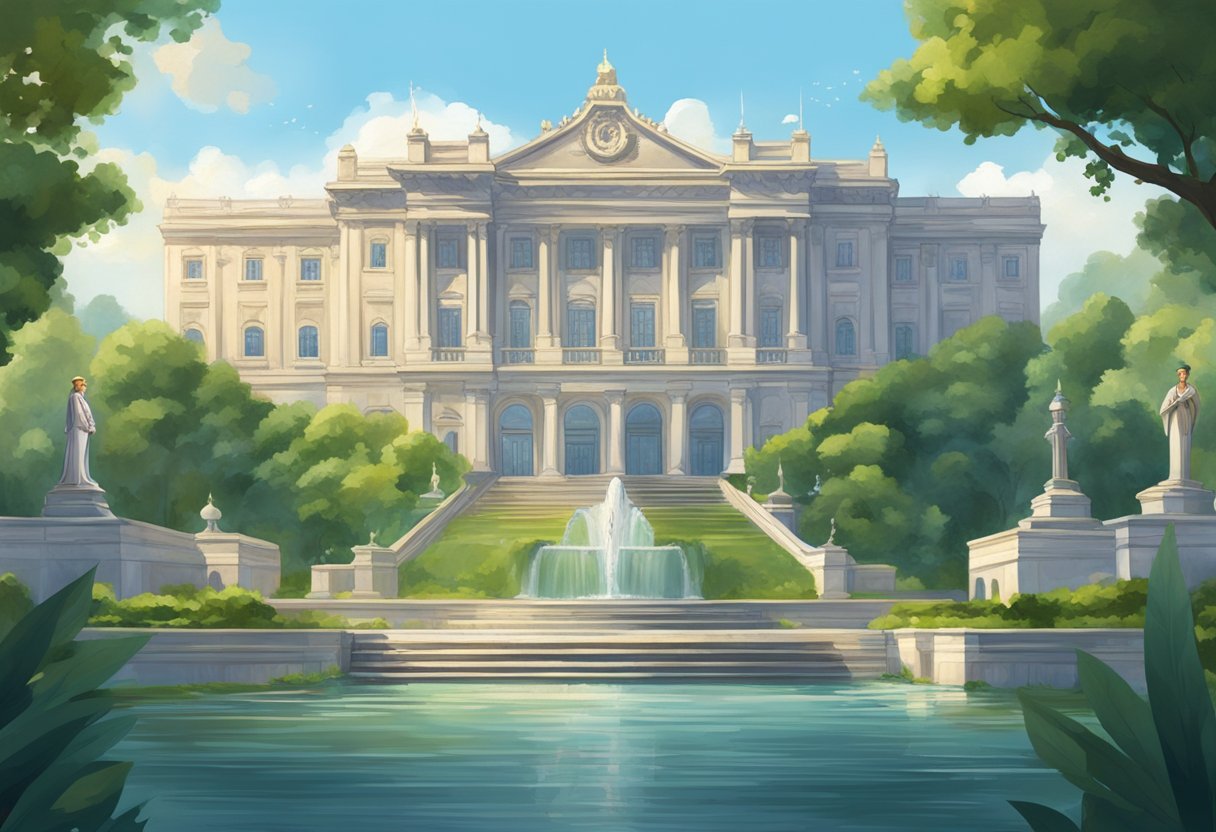 A regal figure in formal attire standing in front of a grand government building, surrounded by lush greenery and the gentle flow of a nearby river