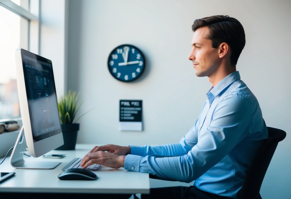 Eine Person sitzt an einem Schreibtisch mit einem Computer, macht regelmäßig Pausen und macht Dehnübungen. Eine Uhr oder ein Timer zeigt den Lauf der Zeit an. Eine Liste mit Tipps zur Reduzierung der Bildschirmzeit finden Sie in der Nähe