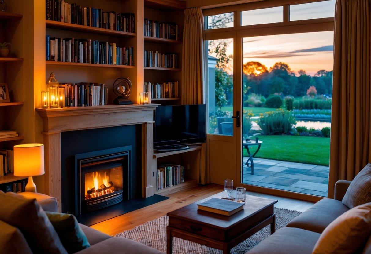 Ein gemütliches Wohnzimmer mit warmer Beleuchtung, einem knisternden Kamin und einem Bücherregal. Draußen geht die Sonne über einem ruhigen Garten unter