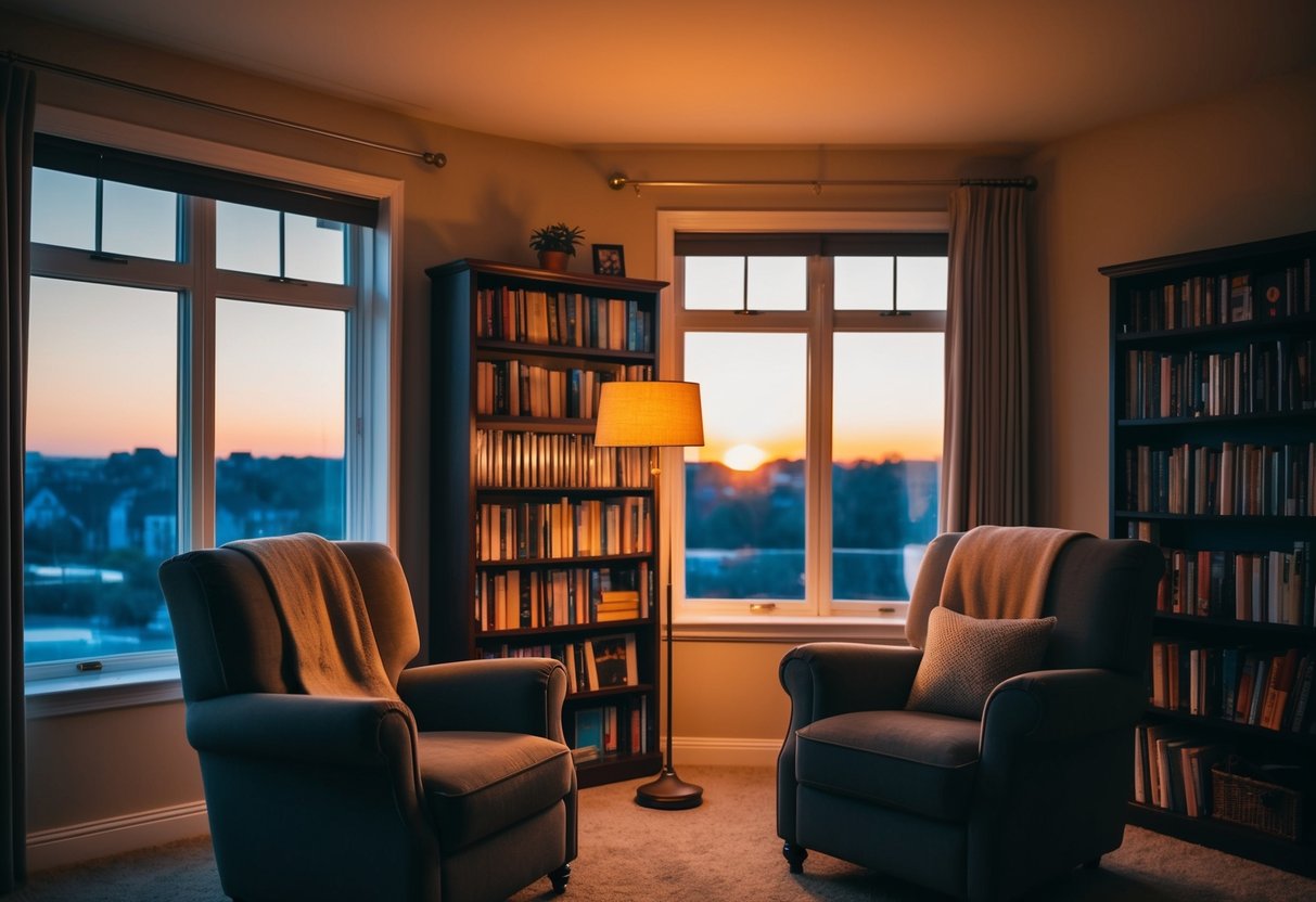 Ein gemütliches Wohnzimmer mit einem Bücherregal, einem bequemen Sessel und einer warmen Leselampe. Draußen vor dem Fenster geht die Sonne unter und wirft einen sanften Schein über den Raum