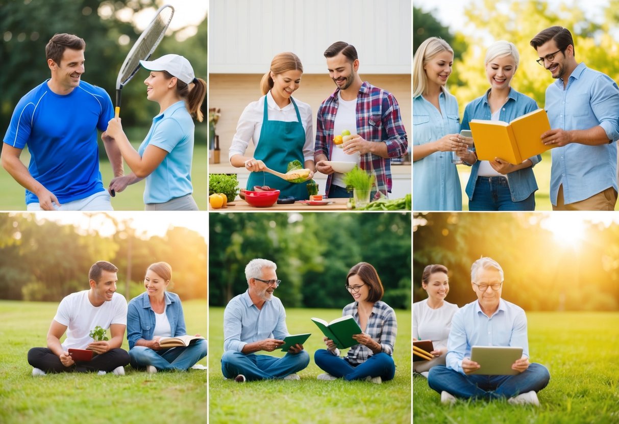 Eine Gruppe von Menschen, die gemeinsam verschiedene Aktivitäten ausüben, wie zum Beispiel Sport treiben, kochen, im Garten arbeiten und lesen, und dabei gleichzeitig die Zeit vor dem Bildschirm verkürzen