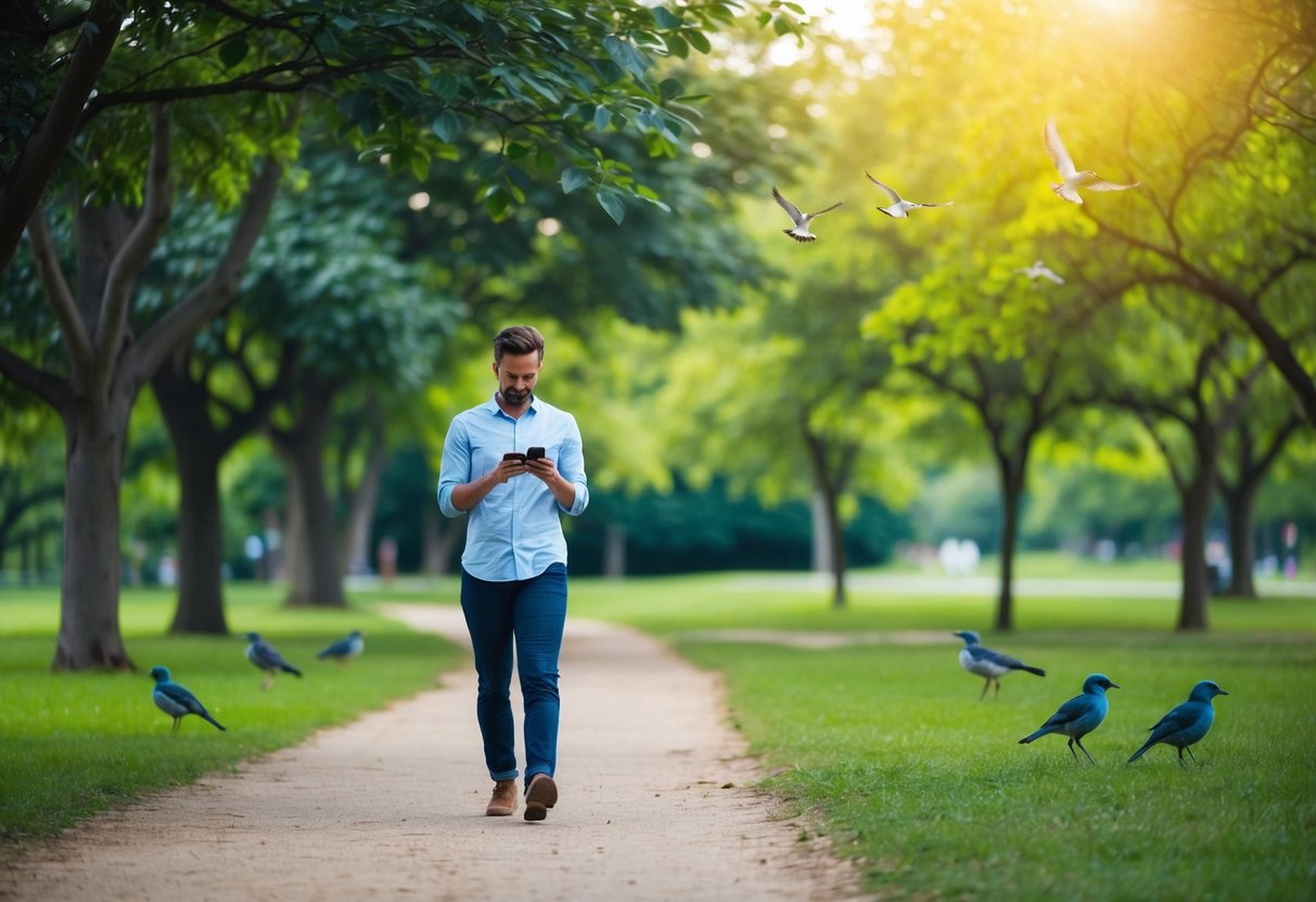 Eine Person geht durch einen ruhigen Park, umgeben von üppigen Bäumen und zwitschernden Vögeln. Ihr Telefon bleibt unberührt, während sie in die friedliche Natur um sie herum eintauchen