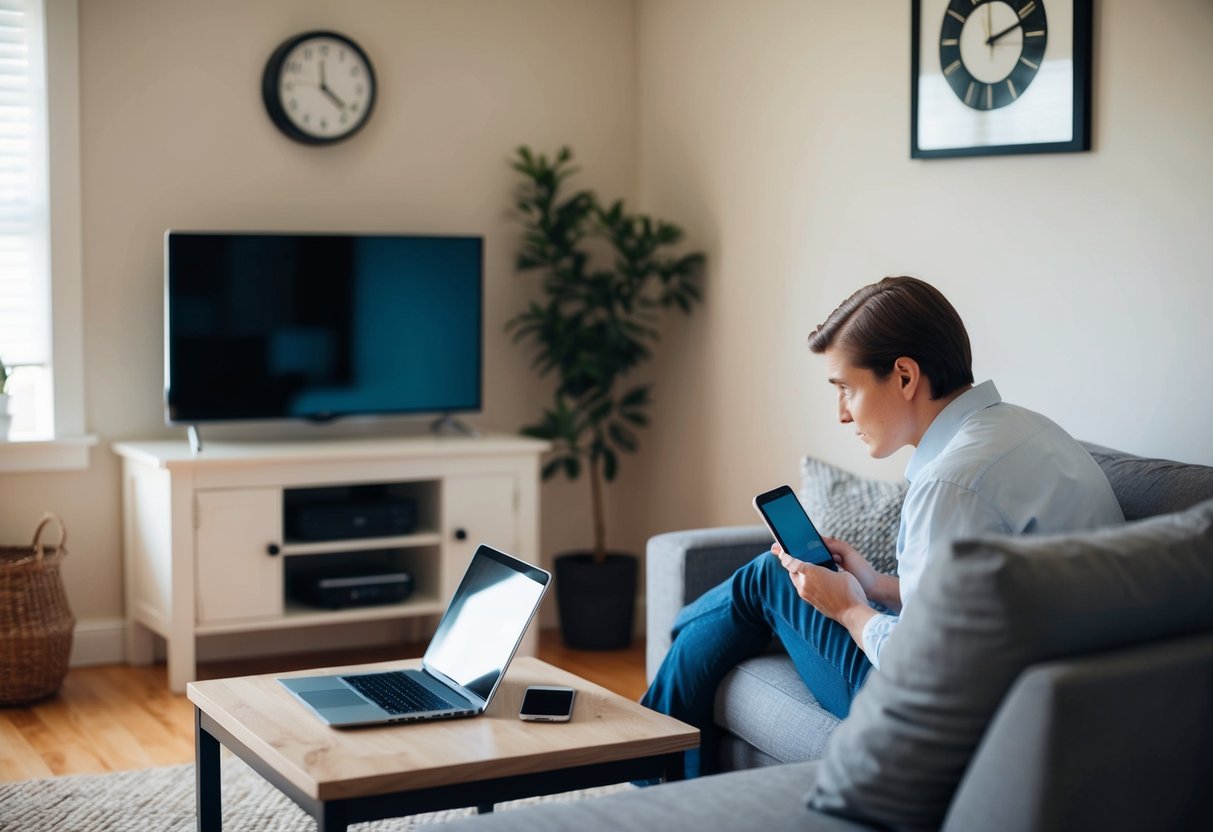 Ein gemütliches Wohnzimmer mit Fernseher, Laptop und Smartphone auf einem Tisch. Eine Uhr an der Wand zeigt die vergehende Zeit an. Eine Person sitzt auf einem Sofa und blickt besorgt auf die Geräte