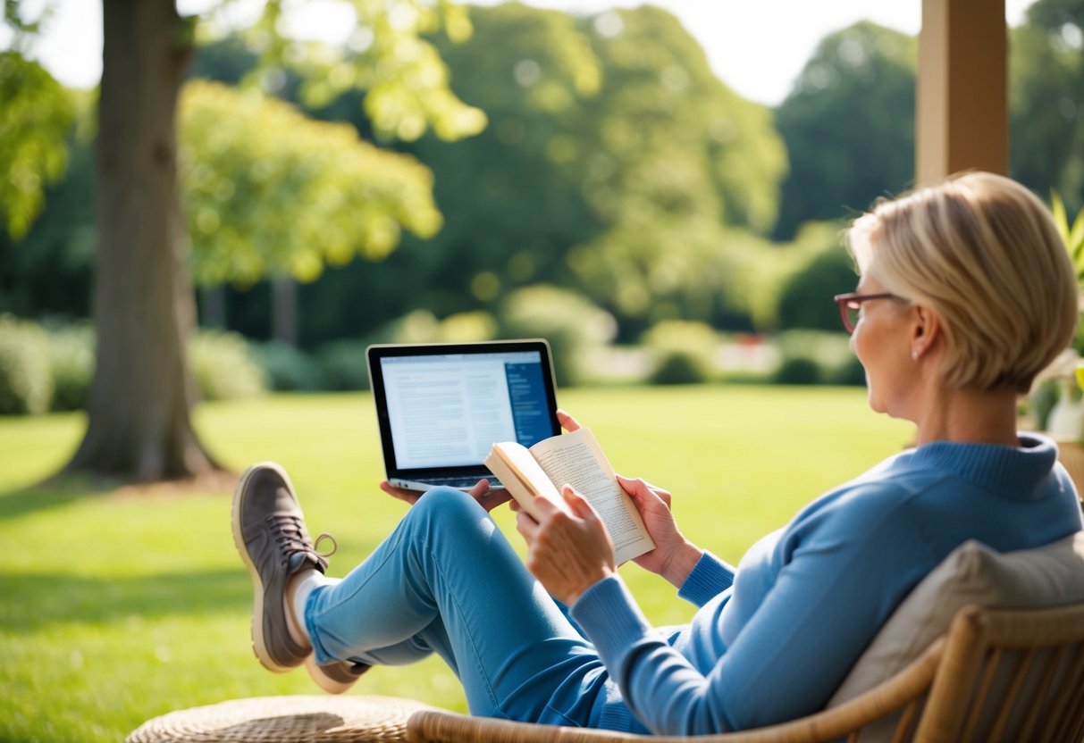 Eine ruhige Szene im Freien mit einer Person, die sich Aktivitäten außerhalb des Bildschirms widmet, beispielsweise Lesen, Gartenarbeit oder Sport treibt. Die Umgebung könnte ein Park, ein Garten oder ein gemütlicher Innenbereich mit natürlichem Licht sein