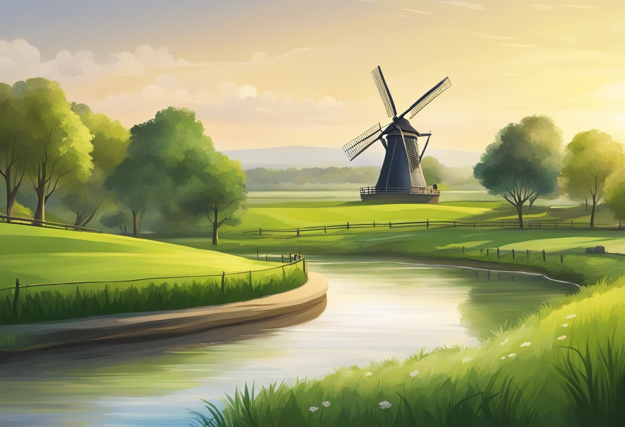 A serene landscape with a winding river, lush green fields, and a traditional Dutch windmill in the background