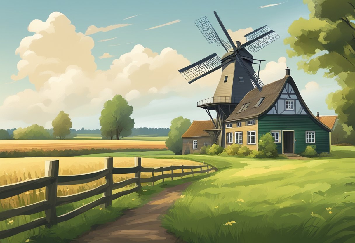 A rustic farmhouse in the Achterhoek region of Gelderland, with rolling green fields and a traditional windmill in the background