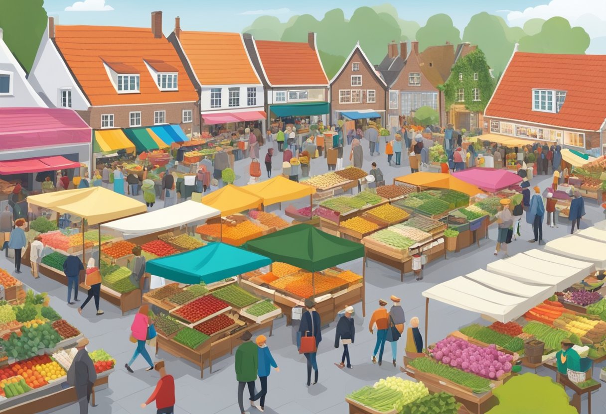 A bustling market in Gelderland, with colorful stalls and lively crowds browsing and shopping. Tables are filled with fresh produce, flowers, and handmade goods